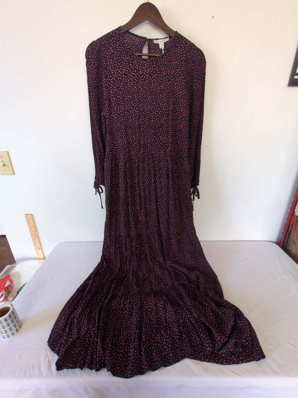 Free Assembly Tiered Maxi Dress Size XS Red Black Polka Dot Tie Sleeve